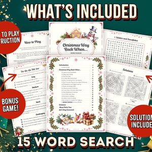 Peut inclure: Un ensemble de jeux de recherche de mots sur le th&egrave;me de No&euml;l. L'image pr&eacute;sente des pages avec des titres tels que "Christmas Way Back When..." et "Solstice and Snowflakes". Comprend des instructions, des jeux bonus et des solutions. Le texte "WHAT'S INCLUDED" et "15 WORD SEARCH" sont visibles.