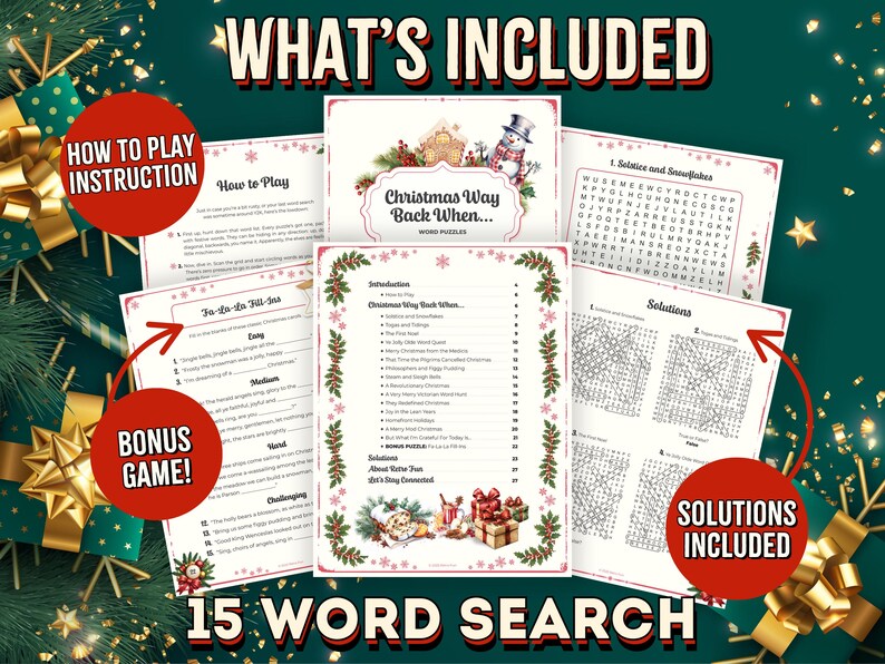 Peut inclure: Un ensemble de jeux de recherche de mots sur le th&egrave;me de No&euml;l. L'image pr&eacute;sente des pages avec des titres tels que "Christmas Way Back When..." et "Solstice and Snowflakes". Comprend des instructions, des jeux bonus et des solutions. Le texte "WHAT'S INCLUDED" et "15 WORD SEARCH" sont visibles.