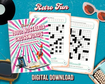 1980s Crossword Puzzle Pack, Retro Trivia, Brain Games (Digital PDF)