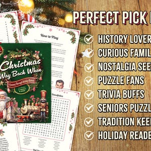 Peut inclure: Un livre de No&euml;l intitul&eacute; "Retro Fun Christmas Way Back When" avec une illustration du P&egrave;re No&euml;l et d'un train. L'image comprend des pages de jeux et le texte "Perfect Pick For" suivi d'une liste de publics cibles.