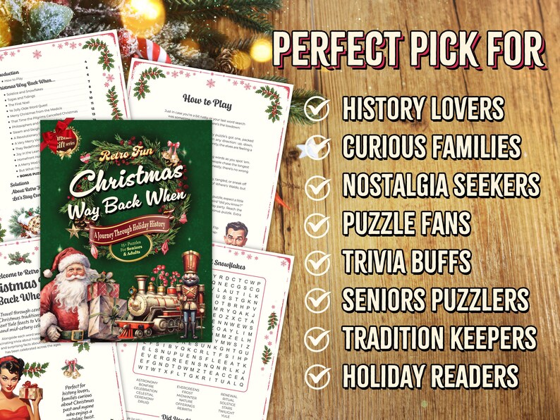 Peut inclure: Un livre de No&euml;l intitul&eacute; "Retro Fun Christmas Way Back When" avec une illustration du P&egrave;re No&euml;l et d'un train. L'image comprend des pages de jeux et le texte "Perfect Pick For" suivi d'une liste de publics cibles.
