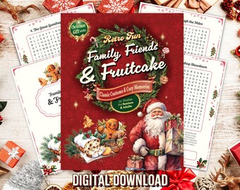 Sopas de letras navideñas de familia, amigos y pastel de frutas, paquete de vacaciones familiares (descarga digital)