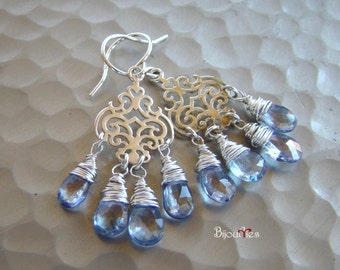 Genuine Quartz flat briolette, Sterling Silver chandelier earrings, silver ear wire, small earrings