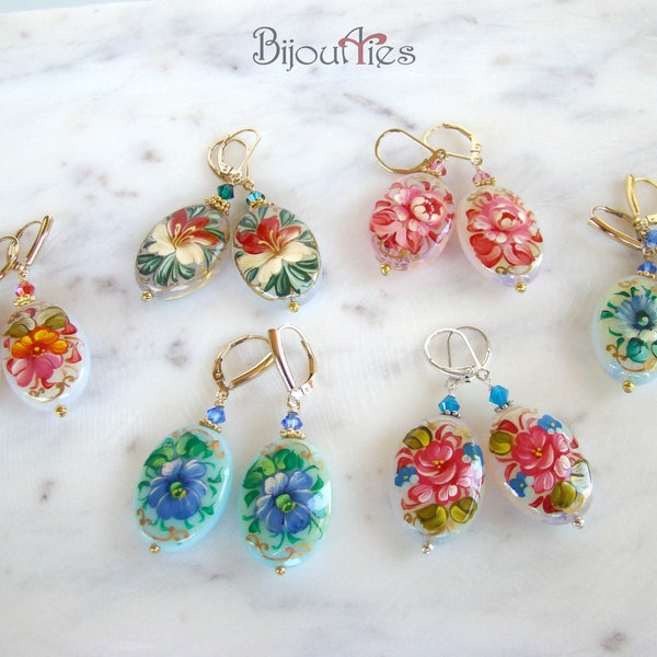 Hand painted floral designs dangle earrings, Opalite glass beads, Swarovski crystals, Crystal Passions beads, traditional Zhostovo flowers.