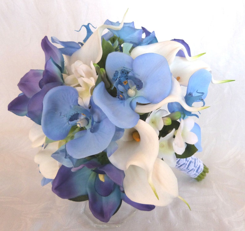 Blue orchid white calla lily bridal bouquet and boutonniere set blue orchid bouquet