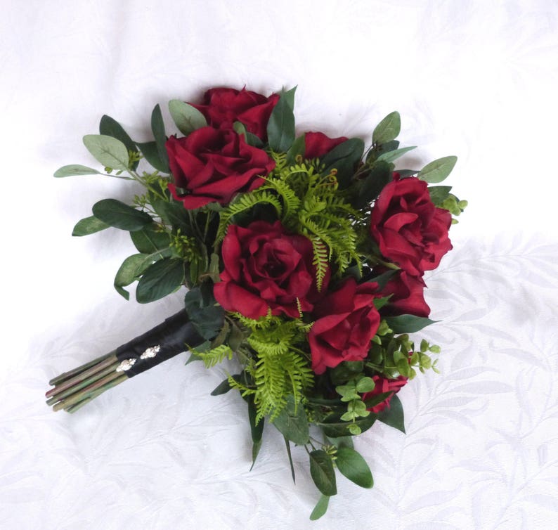 Garden bouquet dark red roses with eucalyptus accents garden fresh rustic bouquet boho bouquet