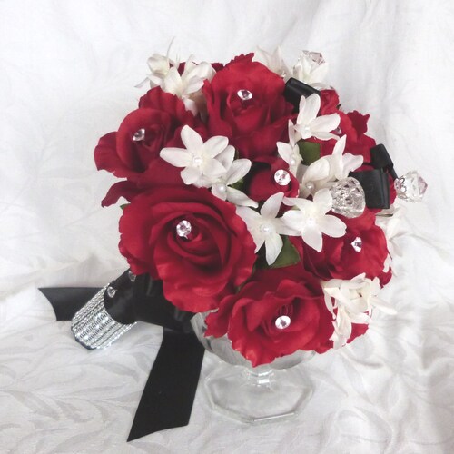 Rose cascade Bridal Bouquet & Wedding Pkg Red Black  White Roses or Your Colors 