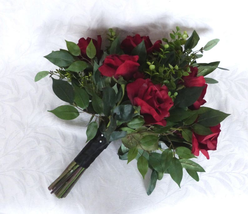 Garden bouquet dark red roses with eucalyptus accents garden fresh rustic bouquet boho bouquet
