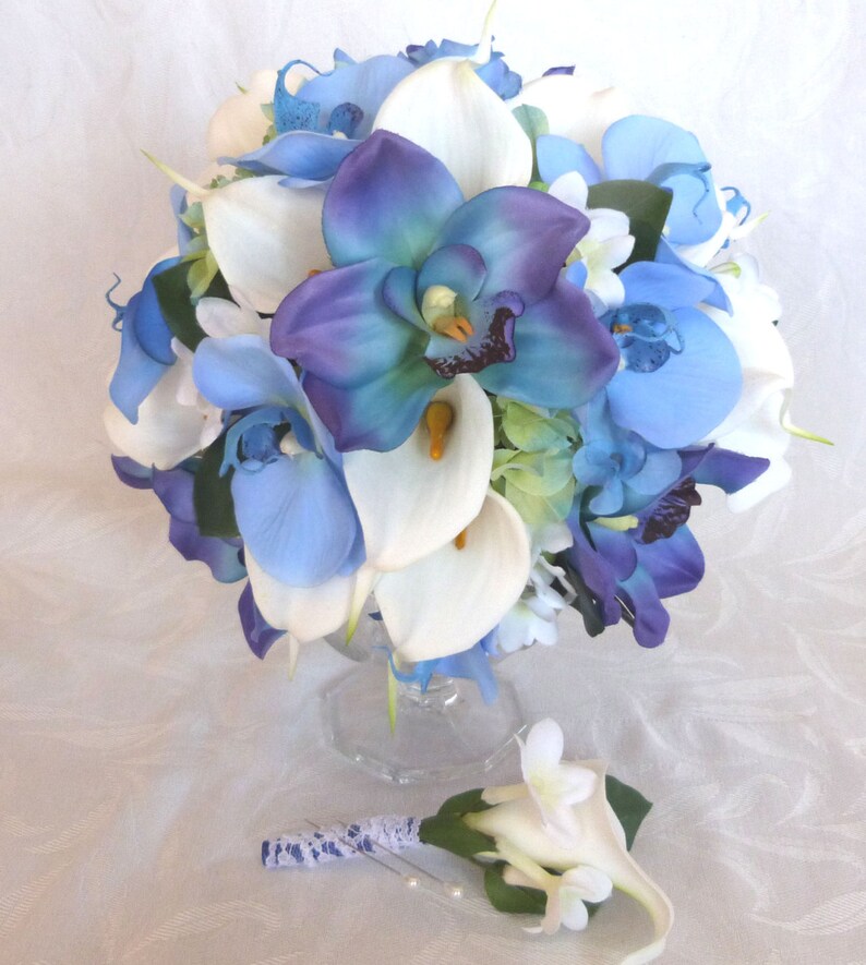 Blue orchid white calla lily bridal bouquet and boutonniere set blue orchid bouquet