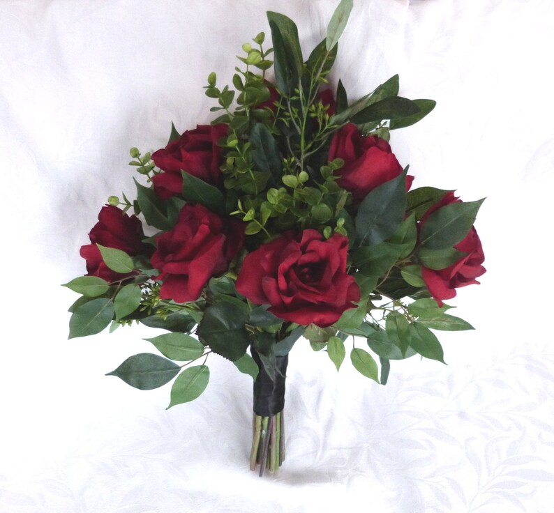 Garden bouquet dark red roses with eucalyptus accents garden fresh rustic bouquet boho bouquet
