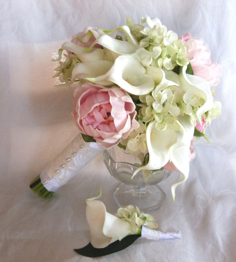 Real touch Calla lily and peony bridal bouquet with silk Etsy