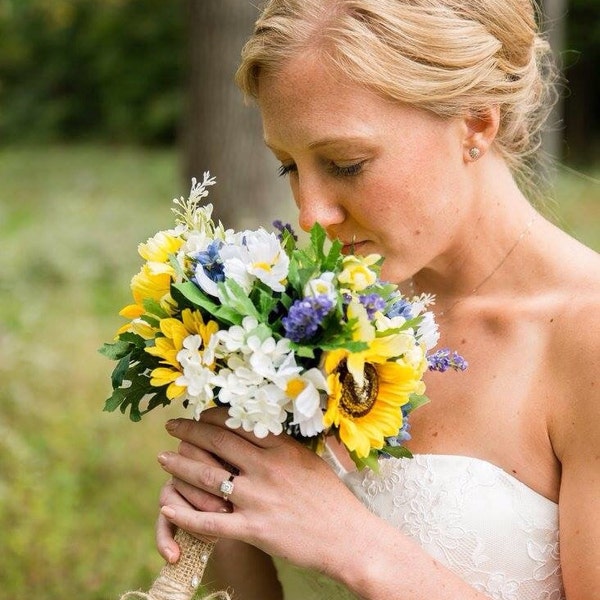 Reserved 6 piece Sunflower wildflower and lilac Bouquet and boutonniere