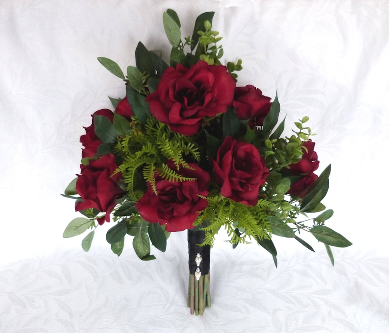 Garden bouquet dark red roses with eucalyptus accents garden fresh rustic bouquet boho bouquet