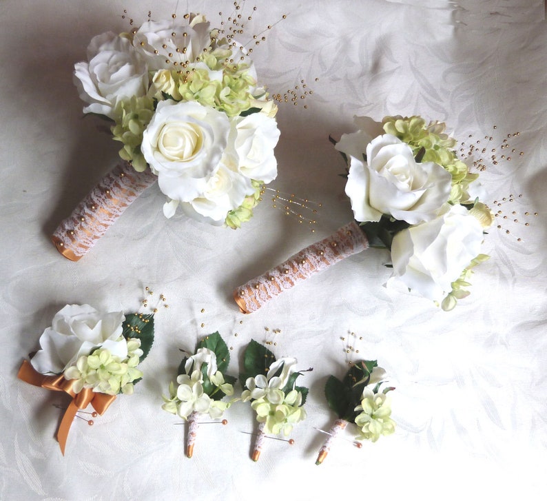 Creme and ivory wedding bouquets and boutonnieres 4 piece set Etsy