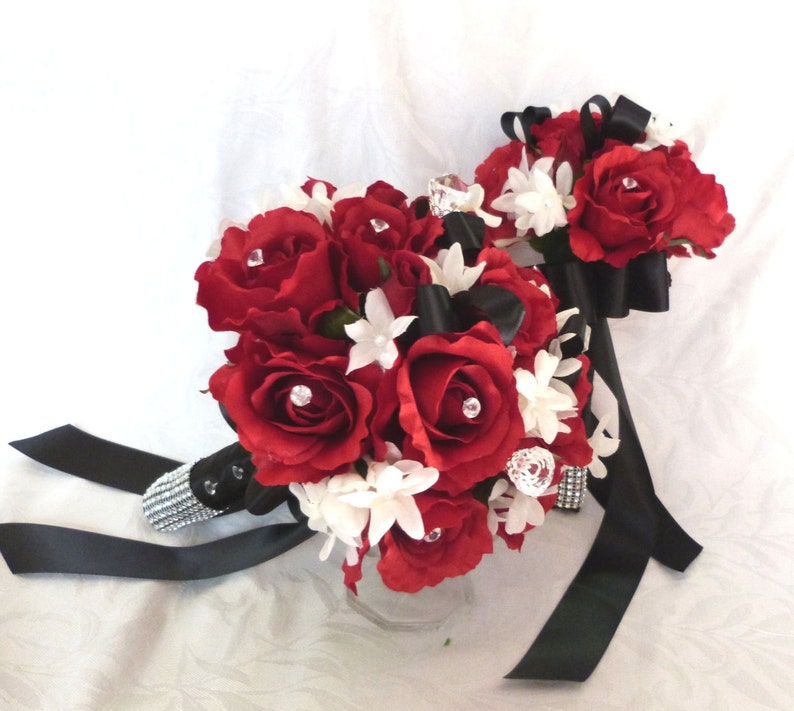 Red rose bouquet red white black wedding bouquet and Etsy