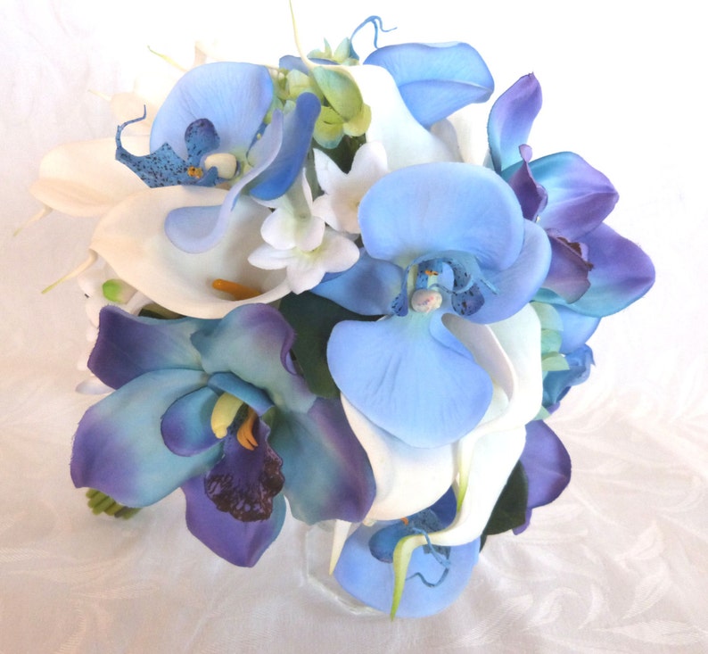 Blue orchid white calla lily bridal bouquet and boutonniere set blue orchid bouquet