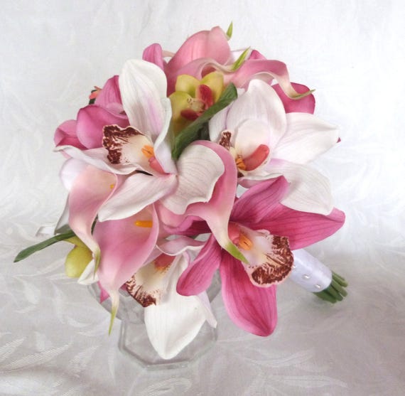 17 Piece Set Real Touch Pink And White Orchid Bouquet Real Etsy