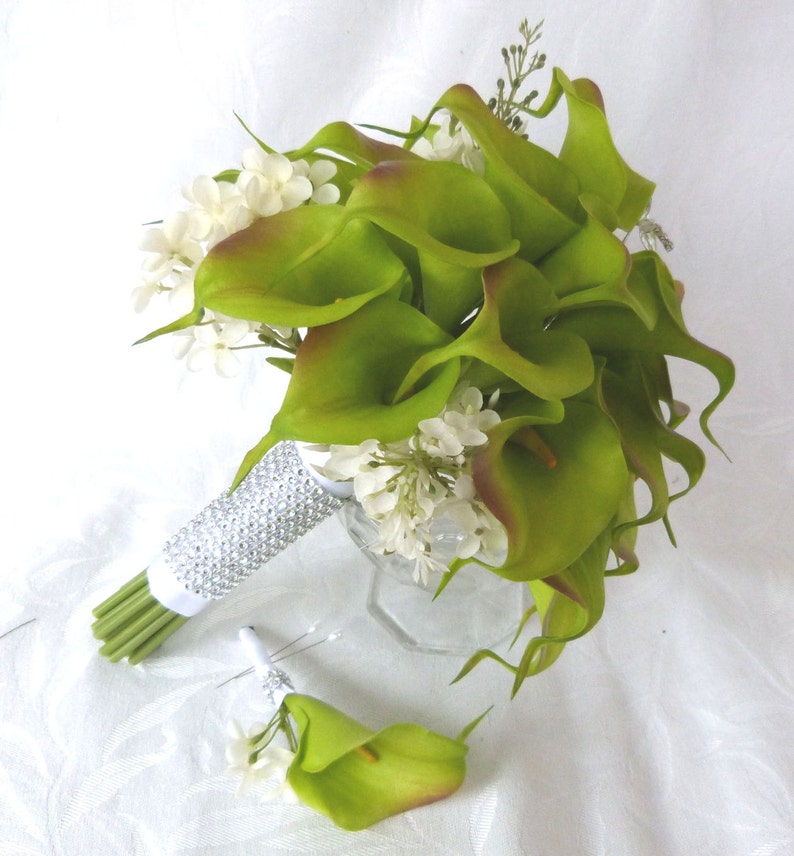 Green Calla lily wedding bouquet simple elegant Real touch Etsy