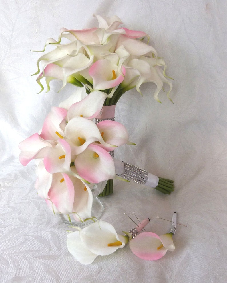 14 Piece set Pink and white mini real touch calla lily bridal bouquet set Wedding flower set