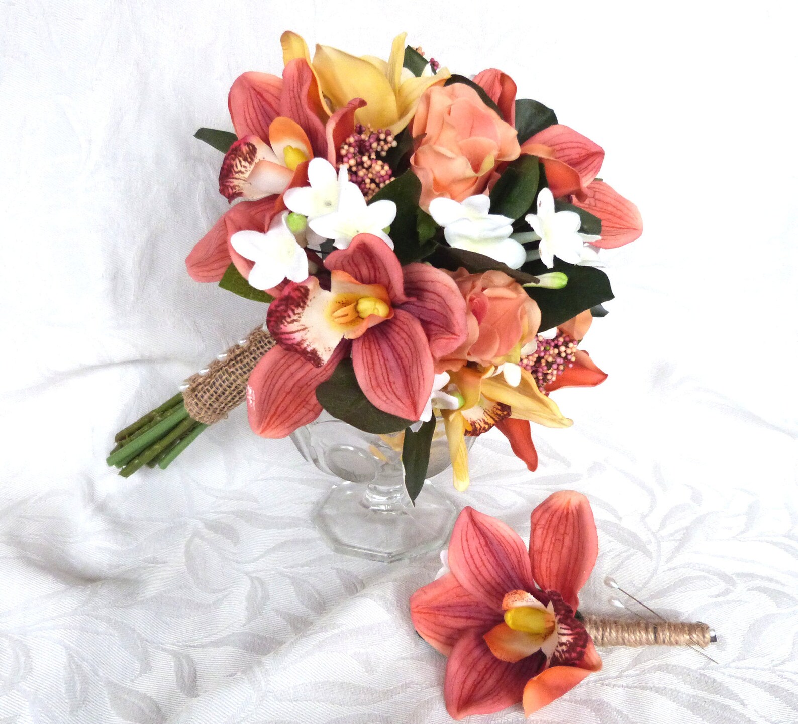 Orange Orchid Bouquet and boutonniere fall tropical wedding Etsy