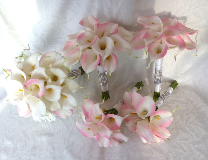 14 Piece set Pink and white mini real touch calla lily bridal bouquet set Wedding flower set