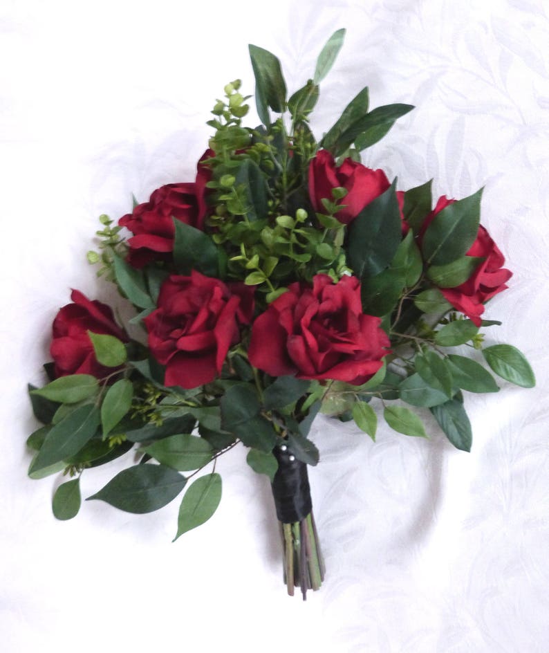 Garden bouquet dark red roses with eucalyptus accents garden fresh rustic bouquet boho bouquet