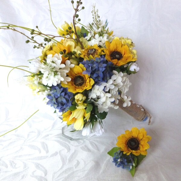 4 piece Sunflower wedding Country wedding Sunflower Bouquet set twine wrap country chic bouquet