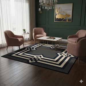 Puede incluir: Una alfombra gris oscuro con un diseño geométrico en azul marino y crema. La alfombra está en un salón con sillones rosas, una mesa de centro blanca y una lámpara de araña dorada. La habitación tiene paredes verde oscuro y suelos de madera.