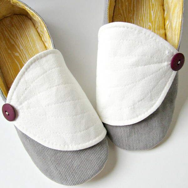 Women's Slippers - Grey Corduroy and Vintage Yellow Hosta Slippers