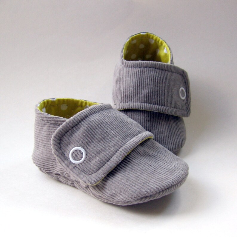 Baby Booties in Gray Corduroy and Yellow Polka-Dot Cotton | Etsy