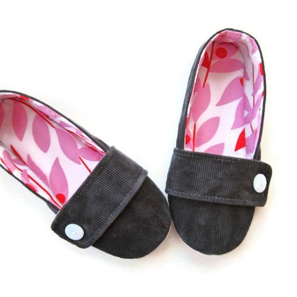 Women's Slippers - Grey Corduroy House Slippers with a Pink and Red Leaf Print Lining // Sizes 5-11