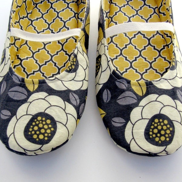 Women's Slippers - SALE - Reversible Mary Jane House Shoes in Vintage Yellow and Grey Floral