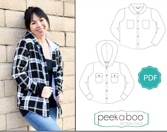 Pode incluir: Uma jaqueta de camisa xadrez em preto e branco com capuz. A jaqueta tem um fecho de botões na frente e dois bolsos. O padrão está disponível nos tamanhos XS-XXXL. A imagem também inclui um ícone de download de PDF, um ícone de projetor e um ícone de reprodução.