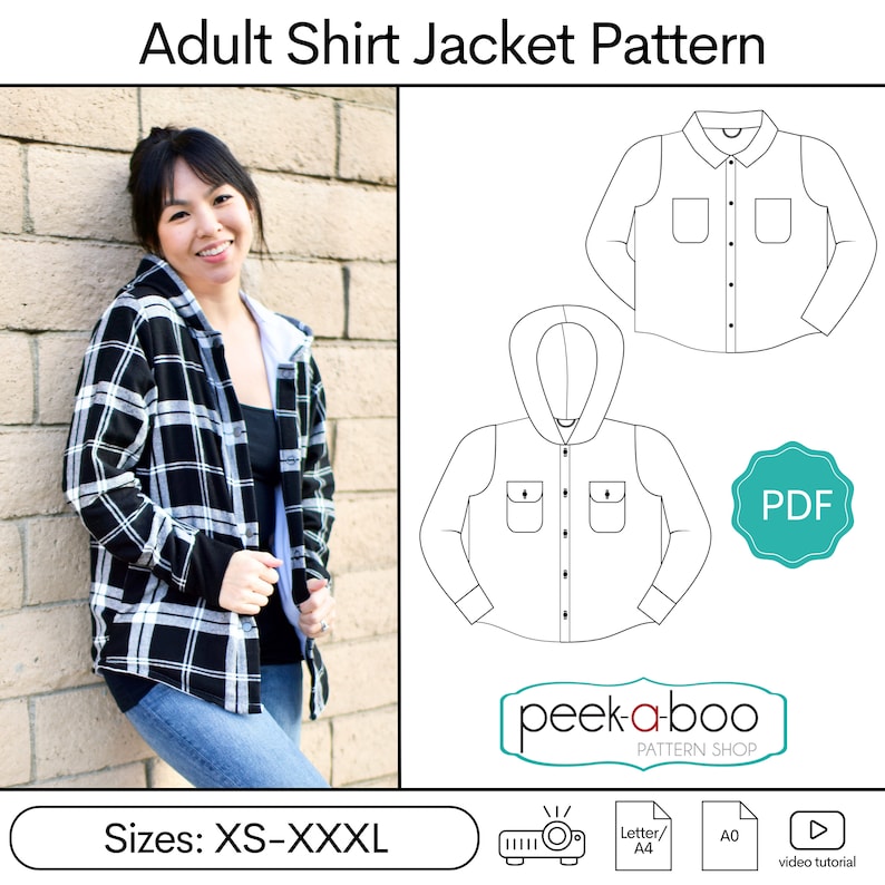 May include: A black and white plaid shirt jacket with a hood. The jacket has a button-up front and two pockets. The pattern is available in sizes XS-XXXL. The image also includes a PDF download icon, a projector icon, and a play button icon.
