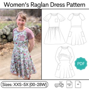 May include: A digital sewing pattern for a raglan dress with a round neckline, short sleeves, and pockets. The pattern is available in sizes XXS-5X (00-28W) and is printed on A4 or Letter size paper. The pattern is shown on a model wearing a printed dress.