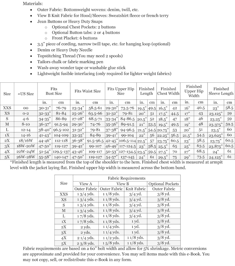 May include: A detailed chart with measurements and fabric requirements for sewing a jacket. Includes bust, waist, and hip sizes in inches and centimeters, along with fabric yardage needed for different sizes.