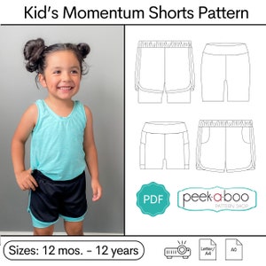 May include: A digital sewing pattern for kid's shorts. The pattern includes four different views of the shorts, with a pocket on one side. The pattern is available in sizes 12 months to 12 years. The pattern is available in PDF format and can be printed on letter or A0 paper. The pattern is from peek-a-boo pattern shop.