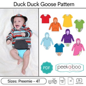 Puede incluir: Patrón de costura Duck Duck Goose para ropa de bebé en tallas Preemie a 4T. El patrón incluye una sudadera con capucha, un body y un vestido. El patrón está disponible en formato PDF e incluye un tutorial en video.