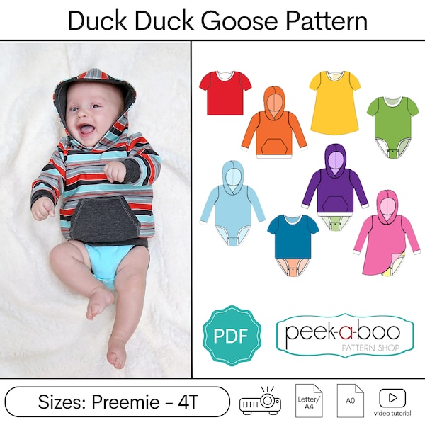 Eeny Meeny Miny Moe PDF Patrón de costura: sudadera con capucha para bebé, vestido de bebé, sudadera con capucha body, vestido body