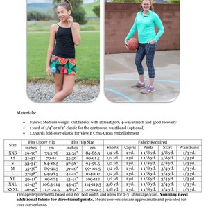 May include: The image shows a woman wearing a black tank top and a floral print mini skirt. The image also shows a woman wearing a teal long-sleeve shirt and patterned capri pants, holding a basketball. The image includes a size chart with measurements in inches and centimeters.