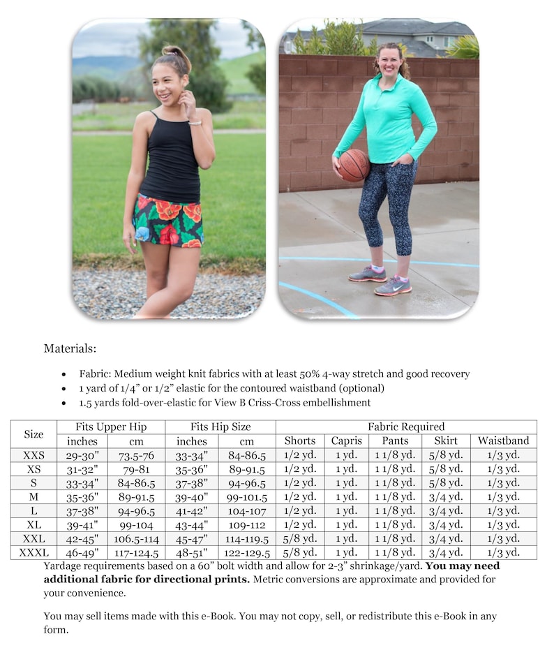 May include: The image shows a woman wearing a black tank top and a floral print mini skirt. The image also shows a woman wearing a teal long-sleeve shirt and patterned capri pants, holding a basketball. The image includes a size chart with measurements in inches and centimeters.