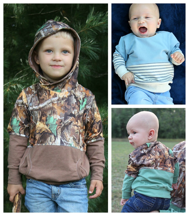 May include: Two children wearing camouflage hooded sweatshirts with brown and green accents. The sweatshirts have a pocket on the front. The children are wearing blue jeans.