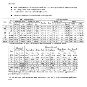 May include: A sewing pattern chart for making a sports bra and tank top. The chart includes measurements for bust, waist, and finished length in inches and centimeters. It also includes fabric requirements for different sizes.