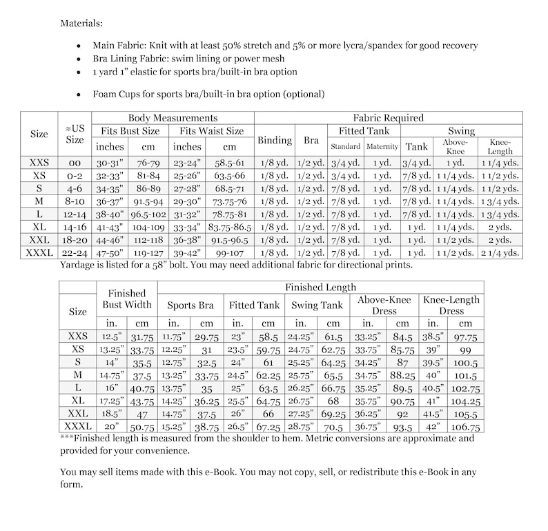 May include: A sewing pattern chart for making a sports bra and tank top. The chart includes measurements for bust, waist, and finished length in inches and centimeters. It also includes fabric requirements for different sizes.