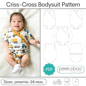 Puede incluir: Un patrón PDF para un body cruzado para bebés. El patrón incluye cinco estilos diferentes: sin mangas, manga corta, manga larga y dos variaciones de manga corta con volantes. El patrón está disponible en tallas prematuro a 24 meses. El texto "peek-a-boo PATTERN SHOP" es visible en la imagen.