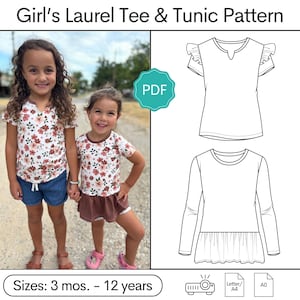 May include: The image features a sewing pattern for a girl's Laurel tee and tunic. The pattern includes two shirt designs, one with short sleeves and ruffles, and another with long sleeves and a ruffled hem. The pattern is available in sizes from 3 months to 12 years.