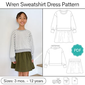 May include: A young girl wearing a gray and white striped sweatshirt with an olive green skirt. The image also shows a line drawing of a sweatshirt dress pattern, with a PDF icon and the text "Wren Sweatshirt Dress Pattern". The pattern sizes range from 3 months to 12 years.