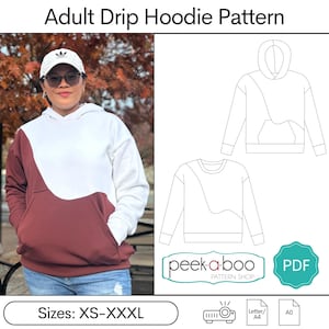 May include: A sewing pattern for an adult hoodie with a unique curved design. The pattern is available in sizes XS-XXXL and is available as a PDF download. The pattern includes instructions for sewing the hoodie.