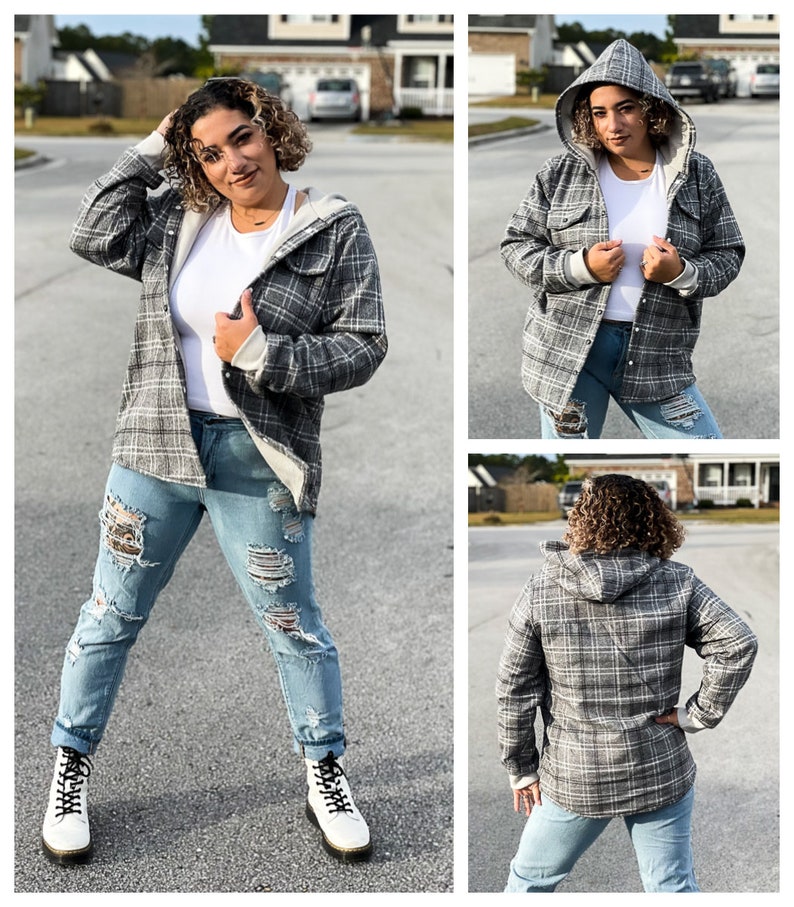 May include: A gray and white plaid flannel shirt with a fleece-lined hood. The shirt has a button-up front and long sleeves.