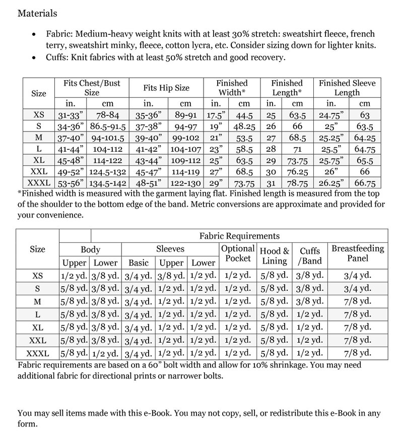 May include: A chart showing fabric requirements for sewing different sizes of clothing. The chart includes measurements for the chest, hips, sleeves, and body. It also includes fabric requirements for different types of pockets, linings, and cuffs.